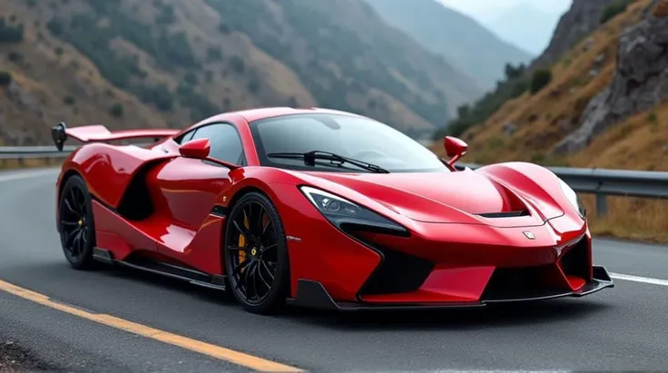 Imagine a vibrant red supercar, inspired by the sleek and aerodynamic lines of a Ferrari. The car should have thin, angular headlights, a long, curved hood, and sporty alloy wheels. The design should convey speed and power, with details like aggressive air intakes and a robust rear diffuser. The interior should be luxurious, with black leather seats, carbon fiber accents, and a sporty steering wheel. In the background, a winding road along a mountainous landscape, highlighting the vehicle's performance and elegance.