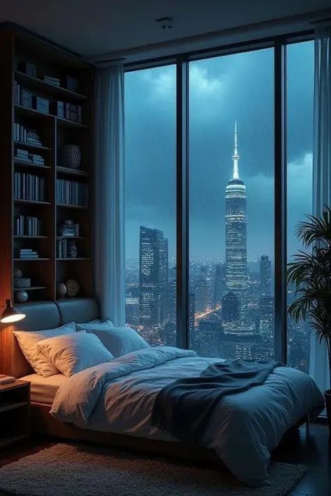 moody aesthetic, beautiful cozy, cramped bedroom with floor to ceiling glass windows overlooking a cyberpunk city at night, view from top of skyscraper, white bedsheets, bookshelves, thunderstorm outside with torrential rain, detailed, high resolution, photorrealistic, dark, gloomy,