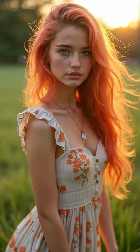 raw photo, fashion photography of cute (****ung cute fantasy girl), coloured hair, 18yo, small tits, flirting on camera, fashion photography, (Realistic skin texture:1.4), high detailed casual dress, soft light passing through hair, (Picnic atmosfere), (well-kept green lawn), (public park), (dawn light), (sunset beautiful background:1.3), (random background), depth of field