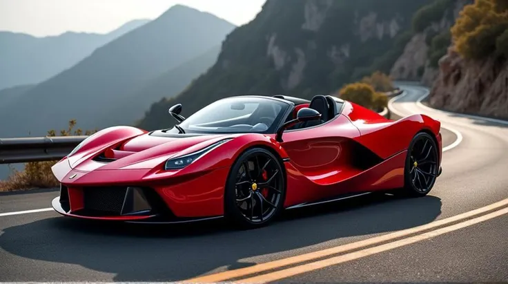 Imagine a vibrant red supercar, inspired by the sleek and aerodynamic lines of a Ferrari. The car should have thin, angular headlights, a long, curved hood, and sporty alloy wheels. The design should convey speed and power, with details like aggressive air intakes and a robust rear diffuser. The interior should be luxurious, with black leather seats, carbon fiber accents, and a sporty steering wheel. In the background, a winding road along a mountainous landscape, highlighting the vehicle's performance and elegance.