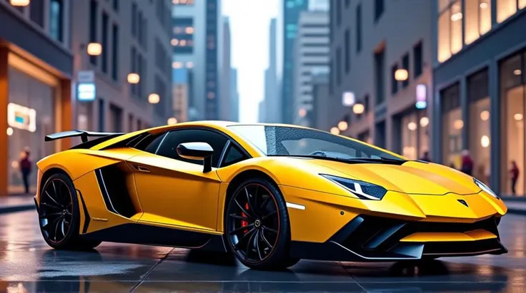 Imagine a Lamborghini Aventador parked on a sleek, modern city street. The car's design is sharp and aerodynamic, with a striking yellow paint job that catches the light. Its aggressive lines and low, wide stance convey speed and power. The luxurious, high-tech interior is visible through the windows, featuring leather and carbon fiber details. The background shows a vibrant urban landscape with skyscrapers and neon lights, highlighting the car’s bold presence in an urban environment.