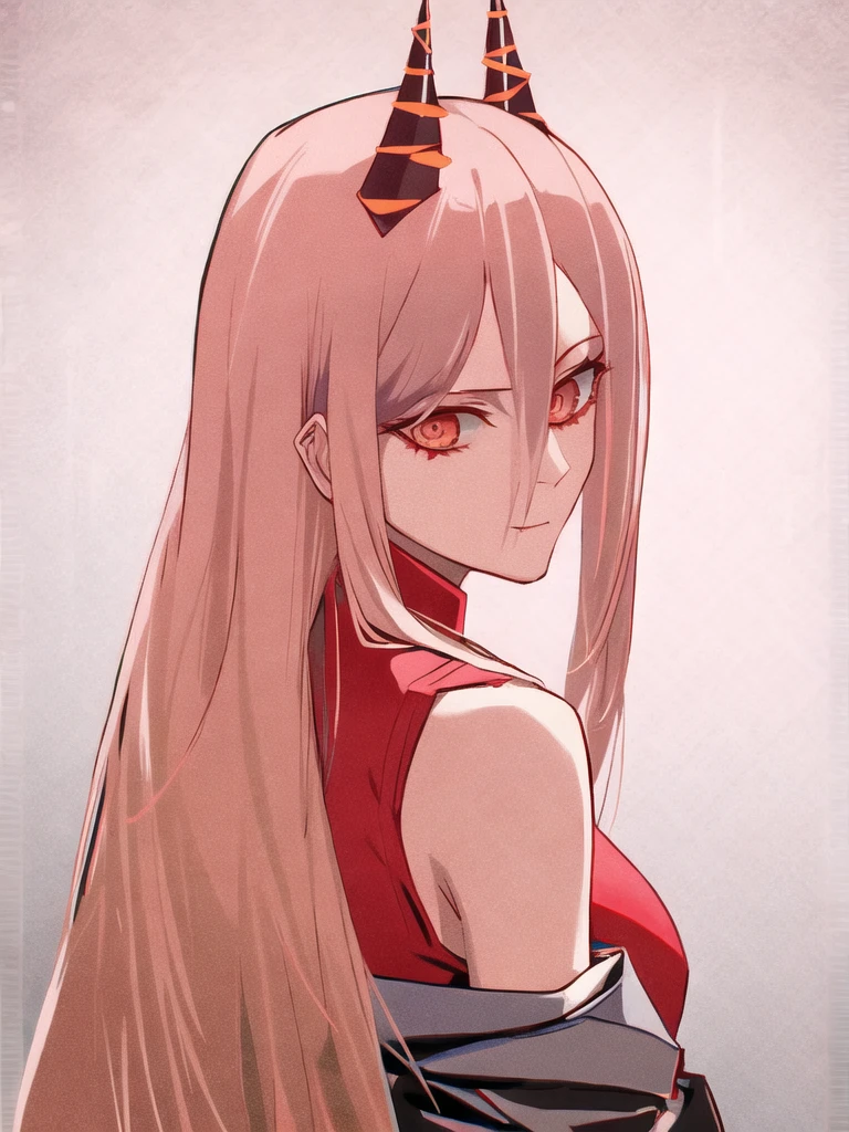 (1girl:0.999), (horns:0.998), (long hair:0.989), (power \(chainsaw man\):0.966), (solo:0.952), (looking at viewer:0.848), (pink hair:0.791), (bare shoulders:0.761), (hair between eyes:0.709), (red horns:0.706), (gradient:0.646), (gradient background:0.644), (looking back:0.525), (sleeveless:0.513)