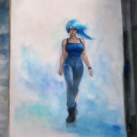 melkor_manchin art style, 1girl, blue hair, watercolor, visible brush strokes, full body, muscles