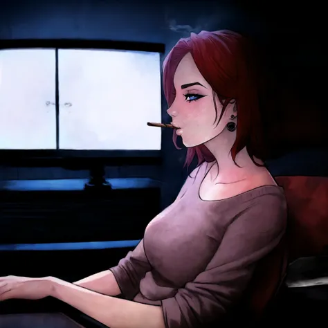black glove, melkor_manchin art style, 1girl, red hair, watercolor, visible brush strokes, (smoking a cigar)