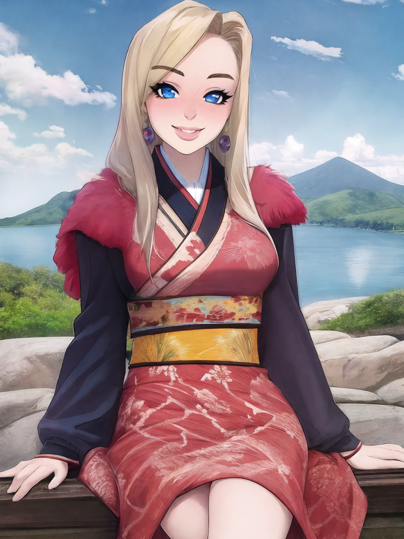 (1girl:0.999), (mountain:0.997), (cloud:0.997), (sky:0.995), (day:0.993), (blue sky:0.987), (solo:0.966), (cloudy sky:0.963), (outdoors:0.896), (blue eyes:0.885), (lake:0.838), (korean clothes:0.786), (looking at viewer:0.782), (long hair:0.770), (smile:0.733), (hanbok:0.728), (blonde hair:0.714), (hair ornament:0.681), (skirt hold:0.612), (sitting:0.605), (mountainous horizon:0.603), (horizon:0.582), (lips:0.549), (ocean:0.521), melkor_manchin art style, watercolor, visible brush strokes,