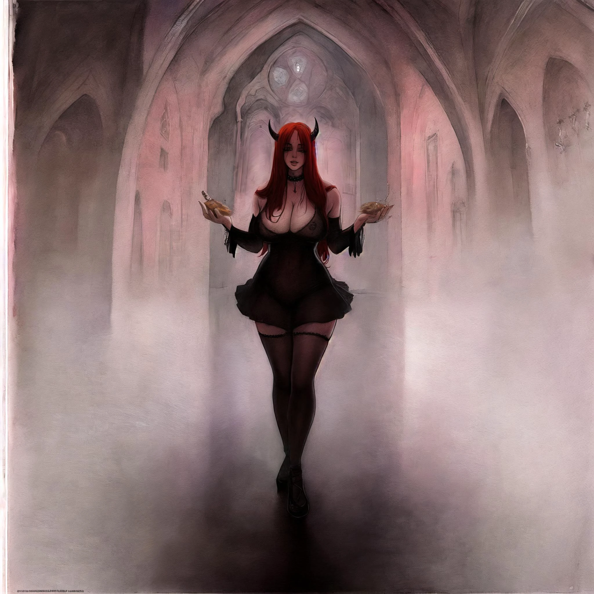film photography, full body portraits, atmospheric lighting, cinematic composition, detailed, intricately detailed, hyper detailed, masterpiece, watercolor, visible brush strokes, melkor_manchin art style, 1girl, red hair, watercolor, visible brush strokes, satanic nun standing in a cathedral, lewd, rosary, nun habit,