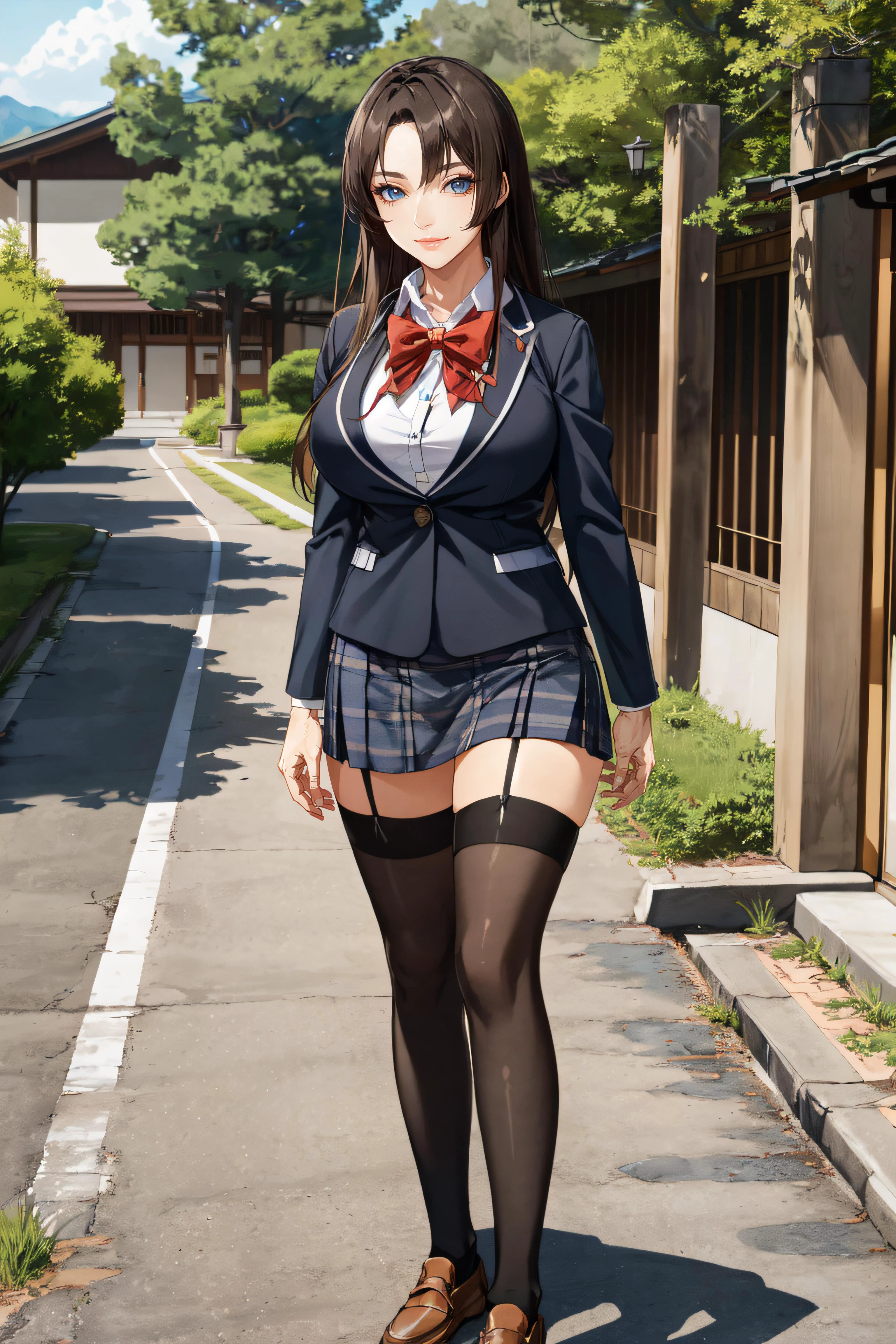 (masterpiece, best quality, ultra detailed, absurdres)1.5, 1girl, (sexy, beautiful woman, perfect face, perfect eyes, perfect female body, large breasts)1.5, (saion-ji enju, blazer, collared shirt, bowtie, plaid skirt, thighhighs, loafers, <lora:enju-nvwls-v1:0.7>), (full body, standing, outdoors, Japanese high school in background), perfect lighting, smooth, hdr
