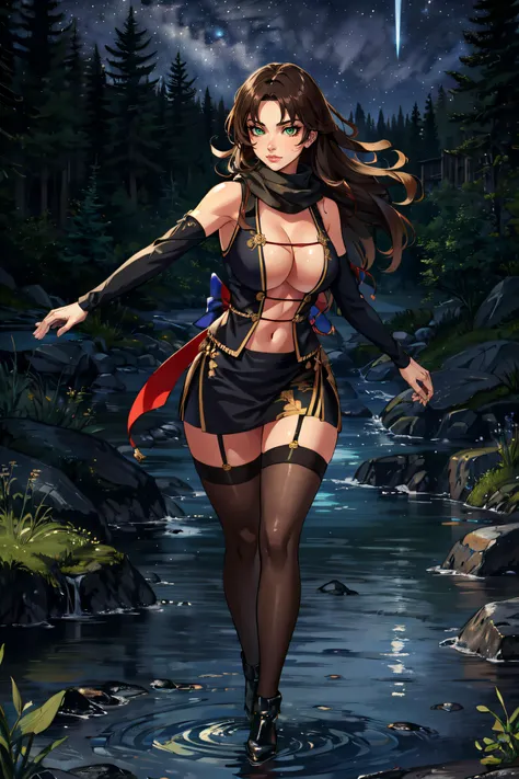 (masterpiece, best quality, ultra detailed, absurdres)1.5, 1girl, (sexy, beautiful woman, perfect face, perfect eyes, perfect female body, large breasts)1.5, (saion-ji enju, black scarf, black dress, cleavage, bare shoulders, navel, detached sleeves, brown thighhighs, <lora:enju-nvwls-v1:0.7>), (full body, fighting stance, outdoors, forest, night sky), perfect lighting, smooth, hdr