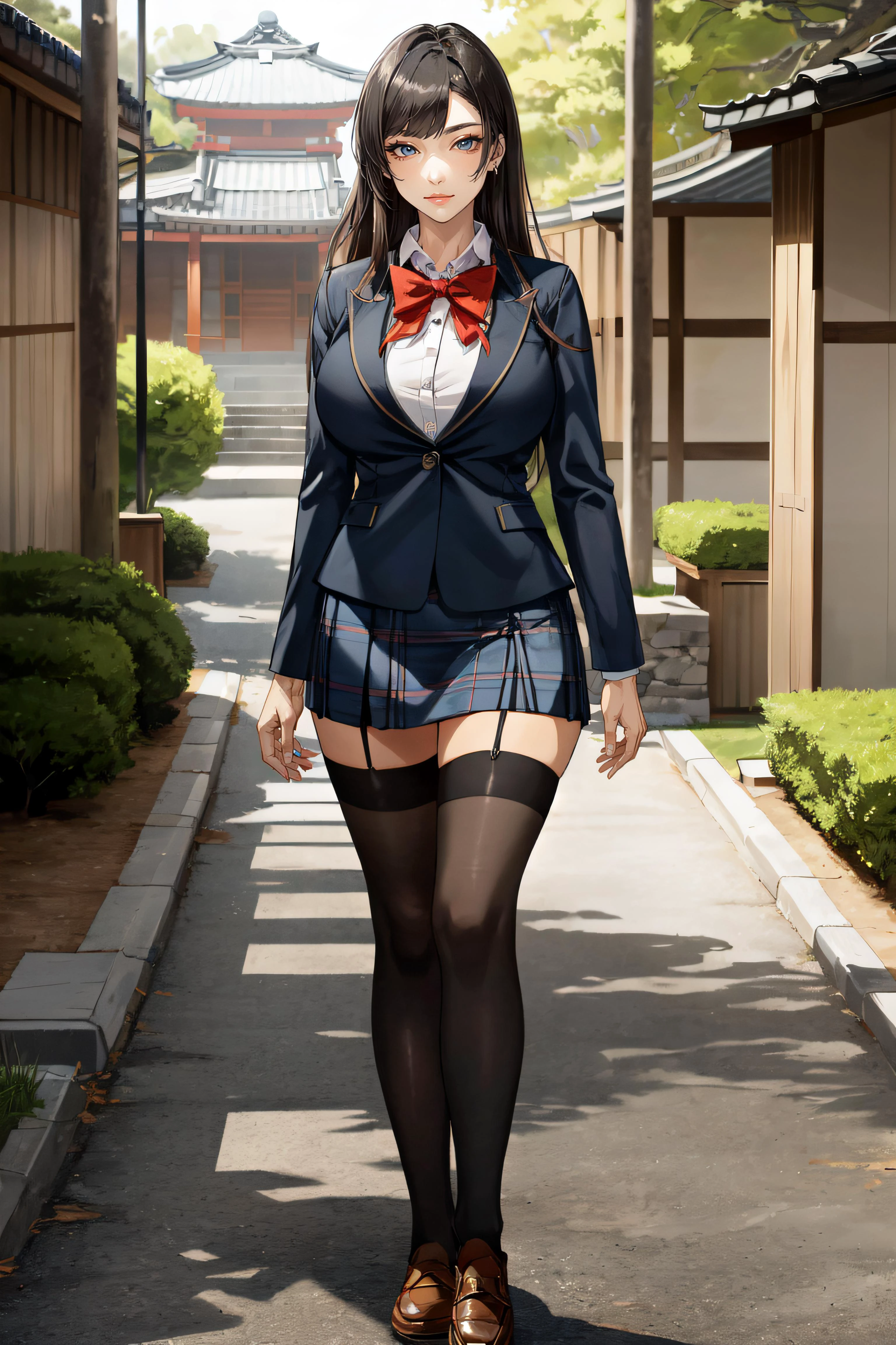 (masterpiece, best quality, ultra detailed, absurdres)1.5, 1girl, (sexy, beautiful woman, perfect face, perfect eyes, perfect female body, large breasts)1.5, (saion-ji enju, blazer, collared shirt, bowtie, plaid skirt, thighhighs, loafers, <lora:enju-nvwls-v1:0.7>), (full body, standing, outdoors, Japanese high school in background), perfect lighting, smooth, hdr