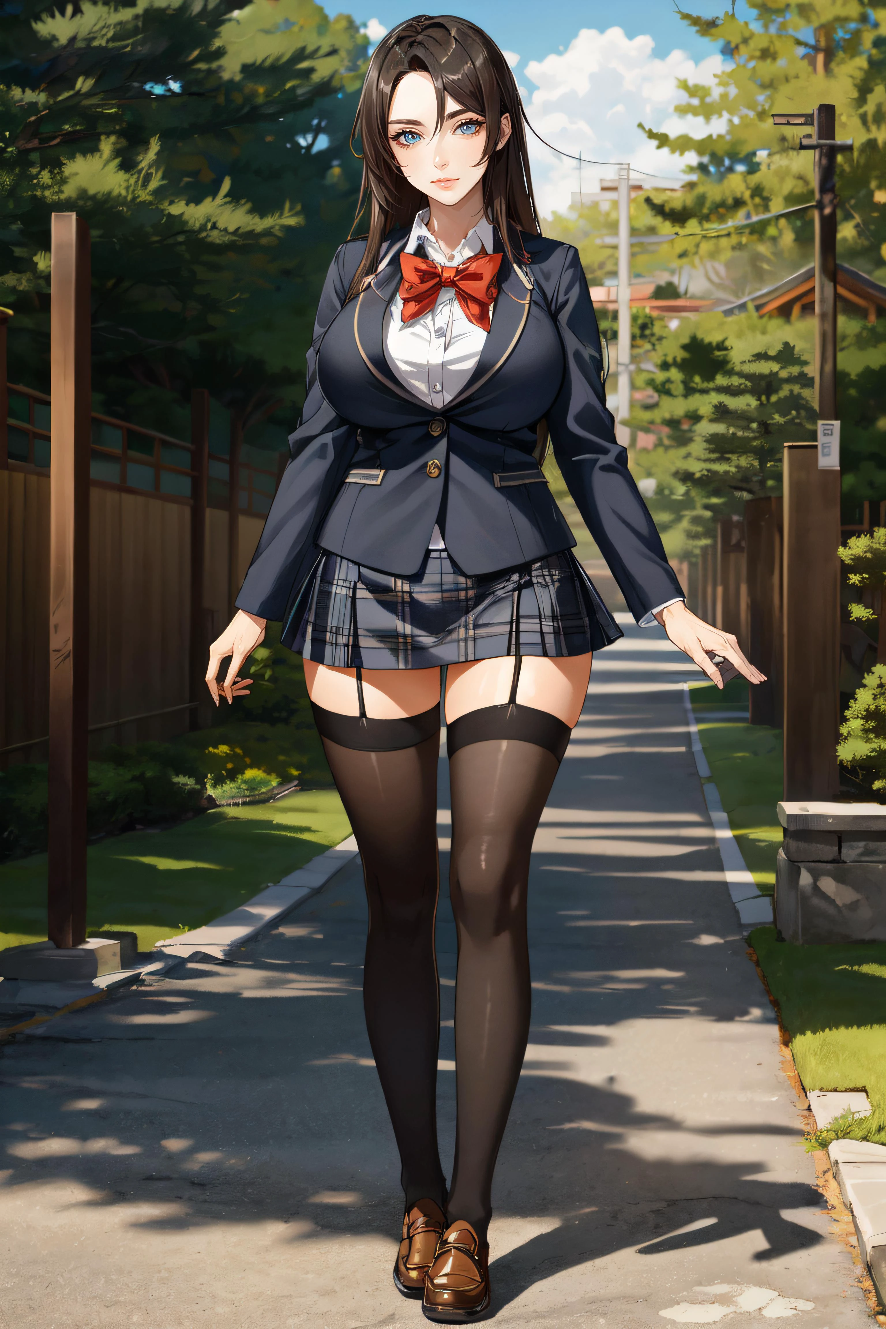 (masterpiece, best quality, ultra detailed, absurdres)1.5, 1girl, (sexy, beautiful woman, perfect face, perfect eyes, perfect female body, large breasts)1.5, (saion-ji enju, blazer, collared shirt, bowtie, plaid skirt, thighhighs, loafers, <lora:enju-nvwls-v1:0.7>), (full body, standing, outdoors, Japanese  high school in background), perfect lighting, smooth, hdr