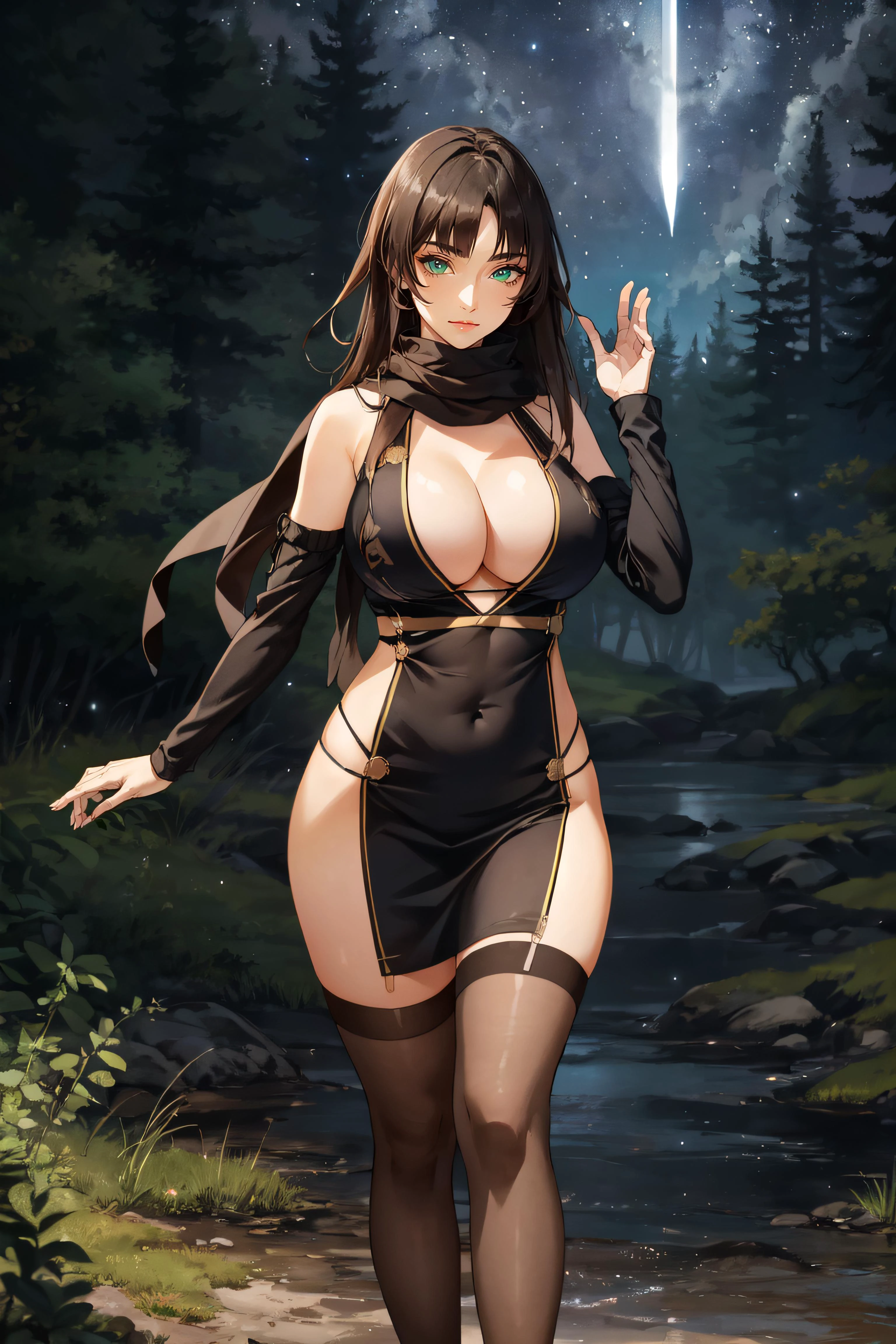 (masterpiece, best quality, ultra detailed, absurdres)1.5, 1girl, (sexy, beautiful woman, perfect face, perfect eyes, perfect female body, large breasts)1.5, (saion-ji enju, black scarf, black dress, cleavage, bare shoulders, navel, detached sleeves, brown thighhighs, <lora:enju-nvwls-v1:0.7>), (full body, standing, outdoors, forest, night sky), perfect lighting, smooth, hdr
