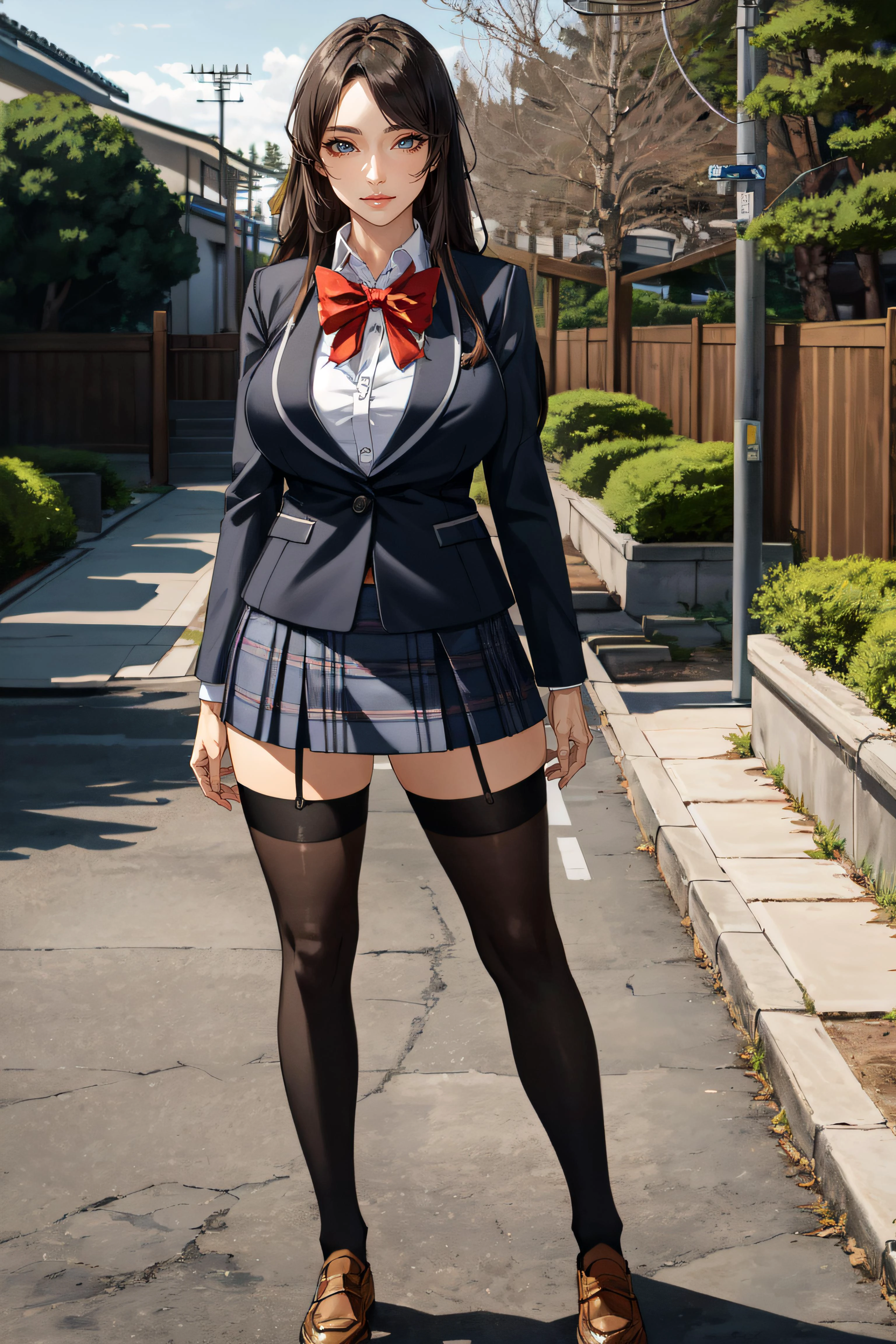 (masterpiece, best quality, ultra detailed, absurdres)1.5, 1girl, (sexy, beautiful woman, perfect face, perfect eyes, perfect female body, large breasts)1.5, (saion-ji enju, blazer, collared shirt, bowtie, plaid skirt, thighhighs, loafers, <lora:enju-nvwls-v1:0.7>), (full body, standing, outdoors, Japanese high school in background), perfect lighting, smooth, hdr