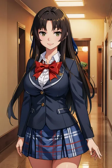 masterpiece, best quality, <lora:enju-nvwls-v1-000008:0.8> saion-ji enju, blazer, collared shirt, bowtie, plaid skirt, standing, hallway, looking at viewer, cowboy shot, large breasts, smile