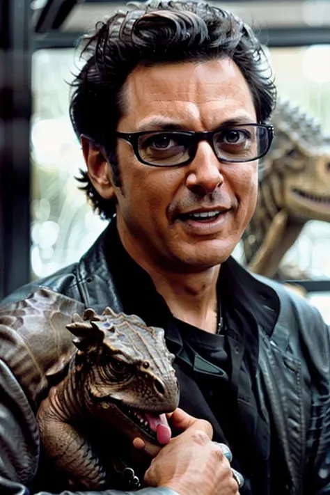 Jeff, glasses, holding a dinosaur pet, photography, trending on artstation, sharp focus, studio photo, intricate details, highly detailed, by greg rutkowski <lora:Jeff:0.7>