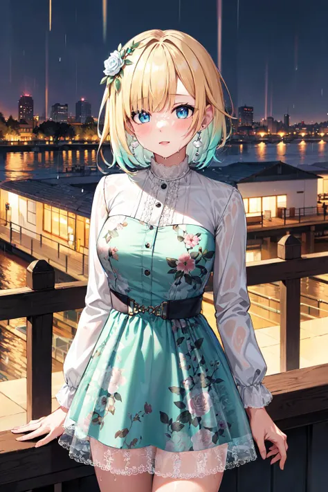 masterpiece, best quality, highres, aaema, short hair, gradient hair, hair flower, earrings, necklace, white shirt, print dress, aqua dressbelt, floral print, long sleeves, <lora:aizawa_ema_v1:0.7>, rain, wet, night, city, outdoors, bridge, water