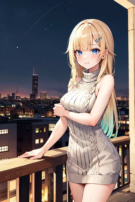 (masterpiece:1.3), (Absurd:1.3), (highest quality:1.3), The Hands of Guido Daniele, (Very detailed:1.3),(Best Shadow:0.7), (Processed Hair), One girl, alone, S1, aizawa ema, nsfw, (medium Breasts:0.2), (pregnant:0.7), (thick thighs:0.6), Blonde, Asymmetrical bangs, Blunt bangs, blue eyes, woollen sweater, white aran sweater, long sweater dress, ribbed sweater, tight-fitting sweater, bare_shoulders, no bra, (nipple shape:1.0), shoulder baring, open legs, cute face, panic face, embarrassed, smile, night, background : inn room,