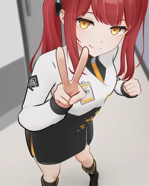 masterpiece,best quality,office,smile,closed mouth,standing,v,
<lora:kaluolin_xl:0.75>,(3dstyle:1.2),kaluolin,1girl,solo,skirt,red hair,looking at viewer,shirt,side ponytail,black skirt,boots,white shirt,yellow eyes,long sleeves,black footwear,socks,necktie,closed mouth,long hair,black socks,high-waist skirt,bangs,