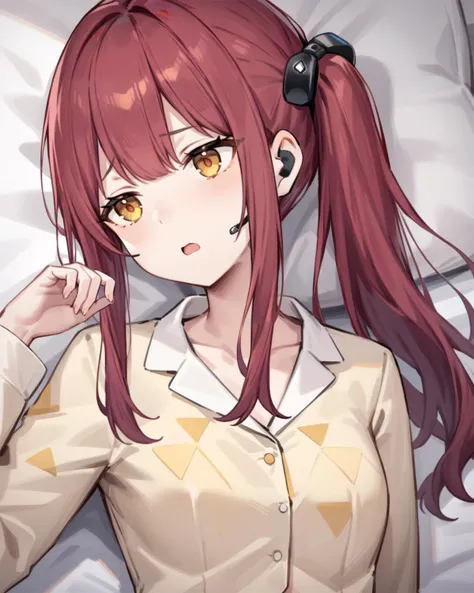 masterpiece,best quality,lying on bed,bored,open mouth,
<lora:kaluolin_xl:0.7>,kaluolin,1girl,solo,long hair,yellow eyes,side ponytail,red hair,earpiece,hair bow,bangs,sidelocks,pajamas,