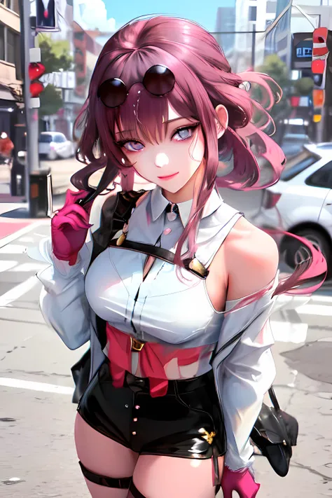 masterpiece, best quality,kfk, 1girl, bangs, bare_shoulders, skirt, breasts, gloves, jewelry, large_breasts, long_hair, long_sleeves, pantyhose, purple_eyes, purple_hair, shirt, solo,viewer,sunglasses,bikini, (sun, cloud,renaissance city around water,outdoors :1.1),rendered in blender((isometric)),