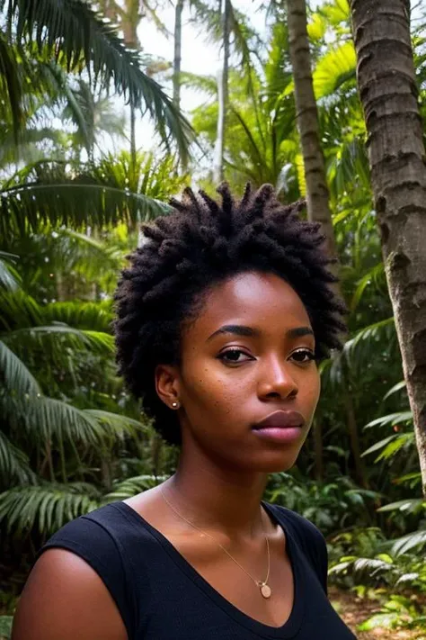 a photo of a seductive Caribbean woman with loose styled hair, bored, she is wearing a T-Shirt and a Pencil skirt, posing in a forest, (bright morning, (sun-kissed:1.1):1.1), , mascara, (textured skin, skin pores:1.2), (moles:0.8), (imperfect skin:1.1), intricate details, goosebumps, flawless face, (light freckles:0.9), ((photorealistic):1.1), (raw, 8k:1.2), muted colors, slate atmosphere