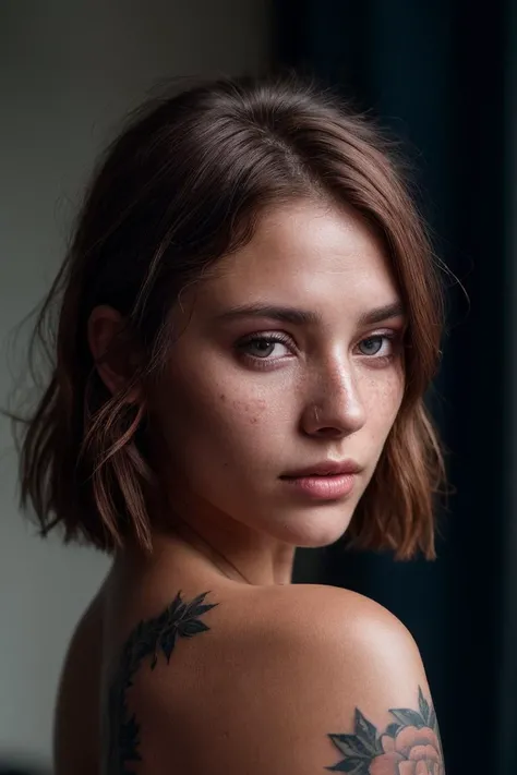 a photo of a seductive woman with loose styled redhead hair, bored, she is wearing Bandeau Top and Leather pants, (tattoos:1.1), mascara, (textured skin, skin pores:1.2), (moles:0.8), (imperfect skin:1.1), intricate details, goosebumps, flawless face, (light freckles:0.9), ((photorealistic):1.1), (raw, 8k:1.2), dark, muted colors, slate atmosphere, RAW candid cinema, 16mm, color graded portra 400 film, remarkable color, ultra realistic, textured skin, remarkable detailed pupils, realistic dull skin noise, visible skin detail, skin fuzz, dry skin, shot with cinematic camera, detailed skin texture, (blush:0.5), (goosebumps:0.5), subsurface scattering
