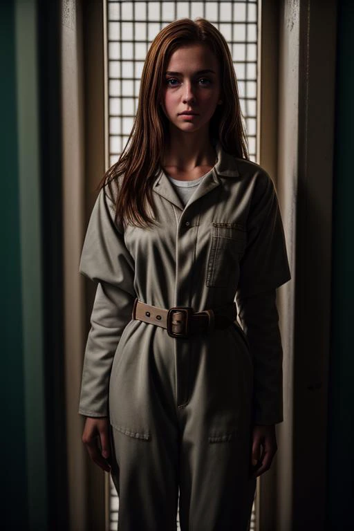 3/4 shot portrait of a young woman wearing coverall with belt, in front of a prison cell, muted color, cinematic, grain, sharp focus, best quality, masterpiece