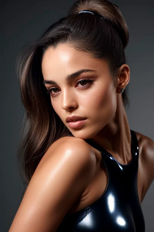 (CR-Rach3llHofstetter-JernauGurgeh:0.9), closeup portrait of young woman, oiled shiny skin, grey background, tilted pose shot, slick hair,
