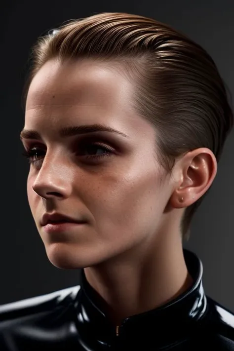 (CR-Emm4W4tson-v2-JernauGurgeh:0.95), photo of young woman in gradient grey background, (oiled shiny skin:1.0), (tilted angle shot:1.0), slick undercut hair,
8k uhd, high quality,