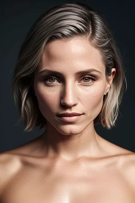 (CR-Diann4Agron-JernauGurgeh:0.9), photo of woman, grey background, (slick hair:1.0), (oiled shiny skin:1.0), (tilted angle shot:1.2)