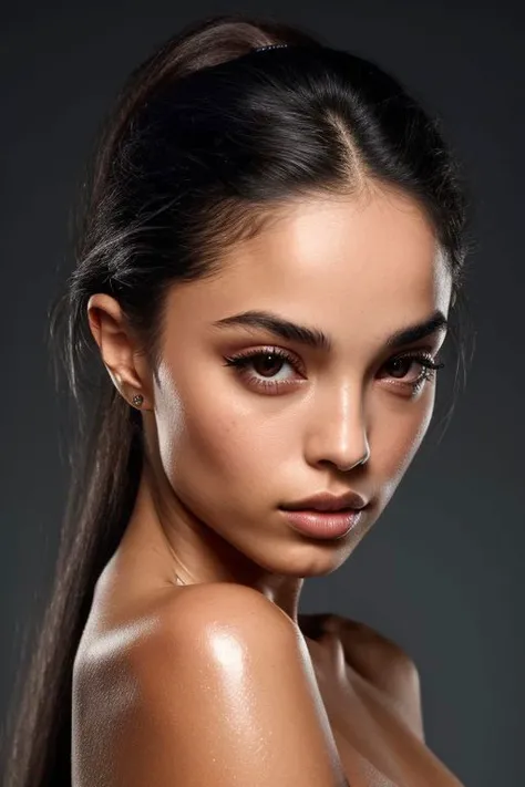 (CR-Rach3llHofstetter-JernauGurgeh:0.9), closeup portrait of young woman, oiled shiny skin, grey background, tilted pose shot, slick hair,