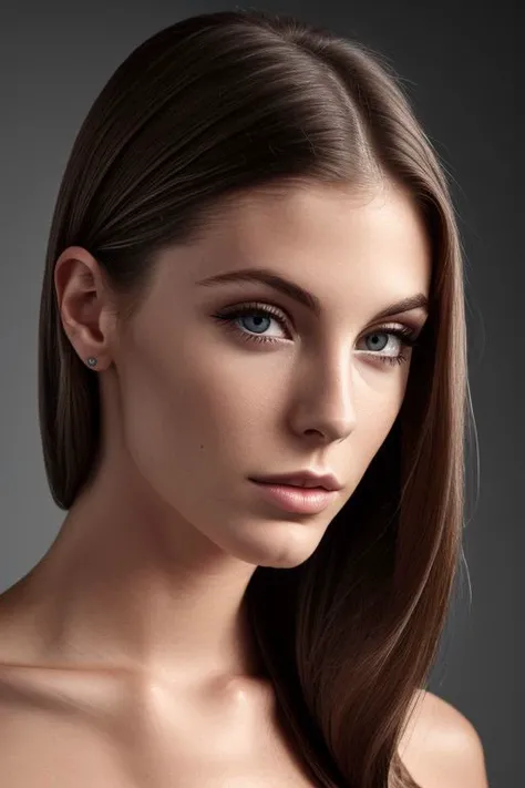 (CR-Carm3llaRose-JernauGurgeh:0.9), closeup photo of woman, grey background, (slick hair:1),