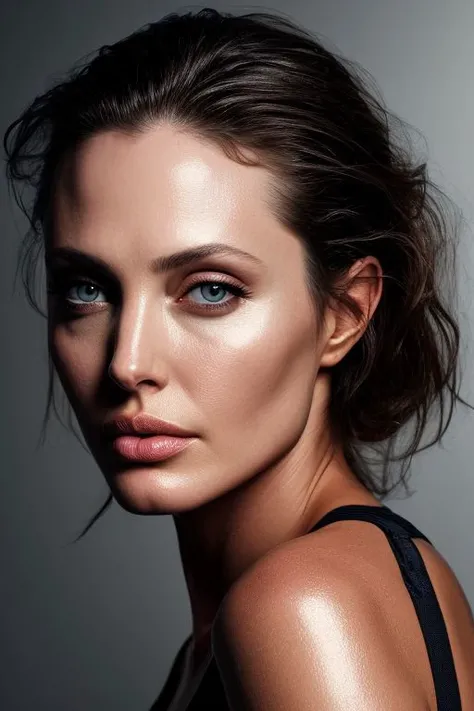(close-up:1.0) photo of (CR-AngelinaJoli3-frankyfrank2k:0.95) as (young:1.0) woman, (oiled shiny skin:1.0), (slick undercut hair:1.0),
(8k uhd:1.0), (best quality:1.0), (masterpiece:1.0), (sharp focus:1.0), (basic grey backdrop:1.0),