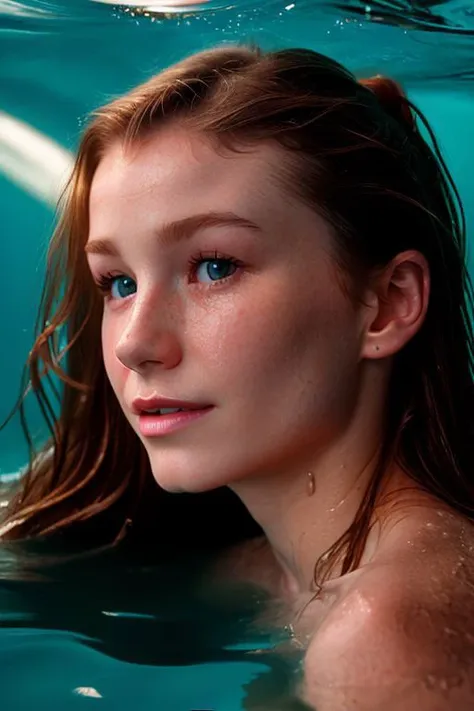 (CR-EmilyBloom-Denche354:0.99), full color (face closeup:1.2) portrait of young woman submerge in water, wet hair, (tilted head pose:1.2), (tilted angle shot:1.2),