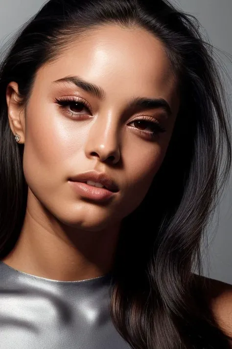 (CR-Rach3llHofstetter-JernauGurgeh:0.9), face closeup portrait of young woman, oiled shiny skin, grey background, tilted pose shot, slick hair,
