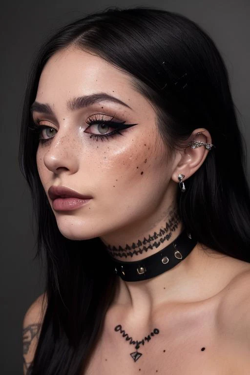 a photo of a seductive woman, (she is wearing (egirl:1.3) makeup and a choker necklace:1.2), mascara, (tattoos:1.1), (textured skin, skin pores:1.1), (moles:0.8), imperfect skin, goosebumps, flawless face, (light freckles:0.9), ((photorealistic):1.1), (raw, 8k:1.2), dark, muted colors, slate atmosphere,  <lyco:eGirlMakeup-10:0.5>