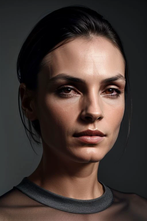 The badass dystopian warrior, mature woman, strong body, (blue eyes), black hair,, battle scar's,,(massive perfect snoopy breast:1.0), massive perfect breast,,(muscular body:0.5), undercut hairstyles,,shot hair, (naked breast), (realistic skin texture:1.2),4k, (cinematic photography:1.0),,(head and breast closeup)