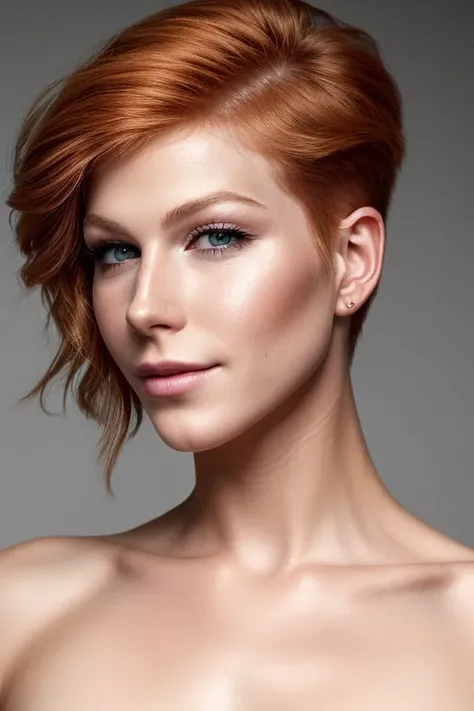 (CR-AnastasiaZhilina-JernauGurgeh:0.99), full color portrait of woman, (nude:1.0), (oiled shiny skin:1.0), (face focus:1.0), close up, (slick_undercut_hair:1.0), tilted pose, tilted angle,
masterpiece, best quality, sharp focus, highres 8k uhd, ultra-detailed, rim light, grey background,