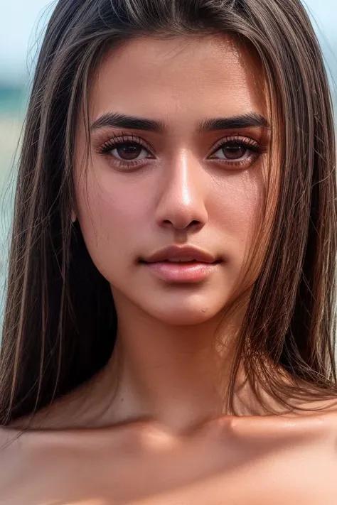 Create a realistic portrait of a young woman with Middle Eastern features, emphasizing natural facial characteristics, skin tone, and eye color. Aim for a warm and inviting expression that reflects a positive representation. Prioritize authenticity in capturing the cultural nuances of the subject without including specific personal details.