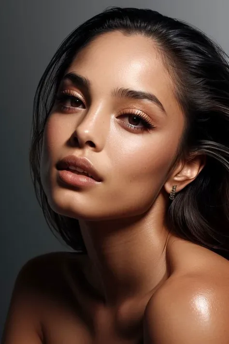 (CR-Rach3llHofstetter-JernauGurgeh:0.9), closeup portrait of young woman, oiled shiny skin, grey background, tilted pose shot, slick hair,