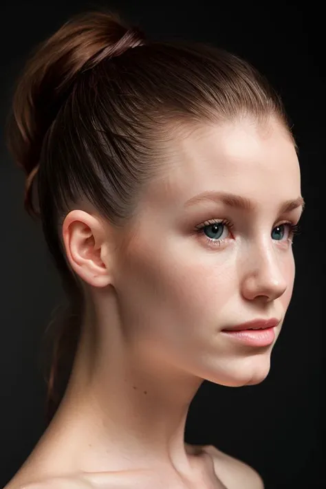 (CR-EmilyBloom-Denche354:0.99), full color (face closeup:1.1) portrait of young woman, grey background, (slick undercut hair:1.0), (tilted head pose:1.1), (tilted angle shot:1.1),