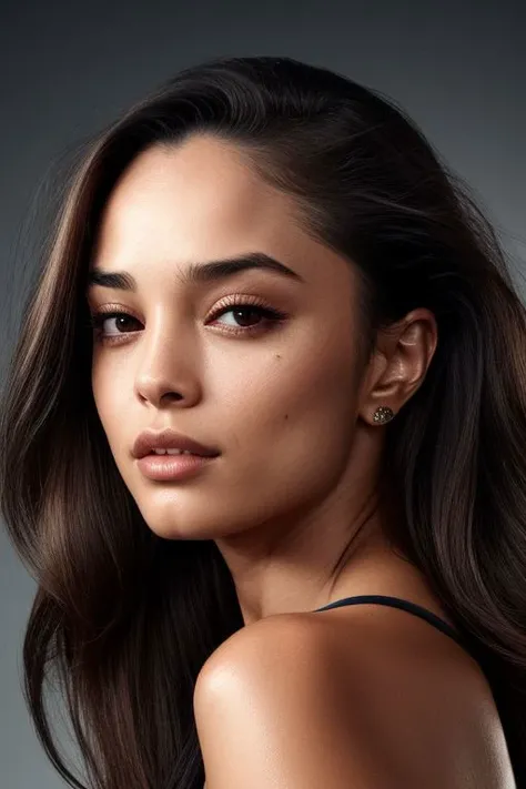 (CR-Rach3llHofstetter-JernauGurgeh:0.9), closeup portrait of young woman, oiled shiny skin, grey background, tilted pose shot, slick hair,