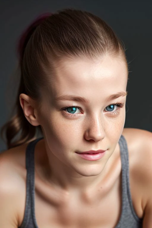 (CR-3milyBloom-Denche354:0.9), full color face closeup photo of woman wearing tank top, grey background, (slick hair:1), (oiled shiny skin:1.1),