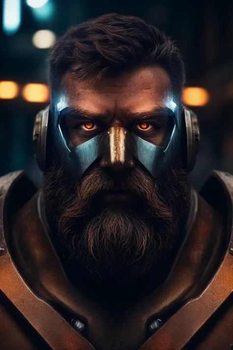 close up Portrait photo of muscular bearded guy in a worn mech suit, ((light bokeh)), intricate, (steel metal [rust]), elegant, sharp focus, soft lighting, vibrant colors, masterpiece, ((streets)), detailed face