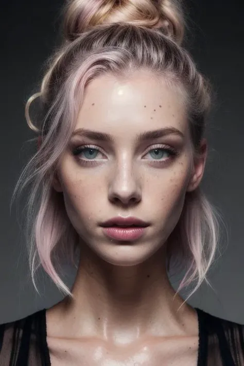 a photo of a seductive Caucasian/White woman with loose styled pastel pink hair with buns, mascara, (textured skin, skin pores:1.1), imperfect skin, goosebumps, flawless face, (light freckles:0.9), ((photorealistic):1.1), (raw, 8k:1.2), dark, slate atmosphere, full body and face, wet lips, intricate face details, bright shiny hair colors, intricate hair details, flying hair, moody lighting, smeared smokey eyes, wet dripping paint lipstick, soft lighting, shy pose, sharpen, hasselblad, leica, pentax,