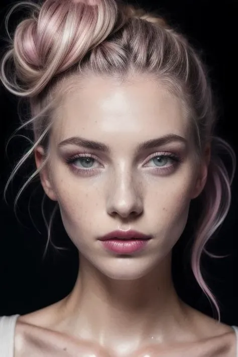 a photo of a seductive Caucasian/White woman with loose styled pastel pink hair with buns, mascara, (textured skin, skin pores:1.1), imperfect skin, goosebumps, flawless face, (light freckles:0.9), ((photorealistic):1.1), (raw, 8k:1.2), dark, slate atmosphere, full body and face, wet lips, intricate face details, bright shiny hair colors, intricate hair details, flying hair, moody lighting, smeared smokey eyes, wet dripping paint lipstick, soft lighting, shy pose, sharpen, hasselblad, leica, pentax,