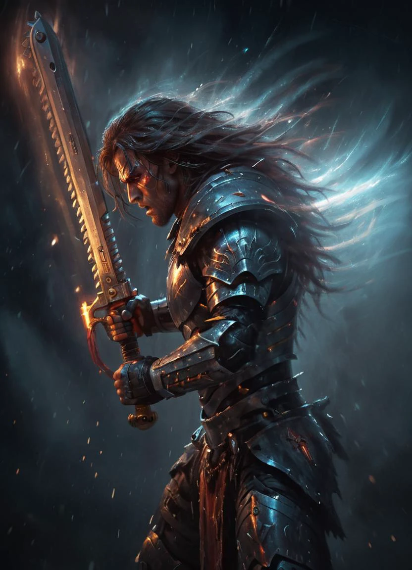 science fiction, close-up portrait of a futuristic warrior in heavy battle armor swinging a 40kchainsword, grim expression, muscular, dark background, wild long hair, ditry from the battle, dramatic light, foggy, piercing eyes, dark, glowing 40kchainsword, sparks flying, light effects,
<lora:Chainsword_-_Warhammer_40000_SDXL:0.8> <lora:Dont_Stop_Me_Now:0.8>