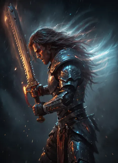 science fiction, close-up portrait of a futuristic warrior in heavy battle armor swinging a 40kchainsword, grim expression, muscular, dark background, wild long hair, ditry from the battle, dramatic light, foggy, piercing eyes, dark, glowing 40kchainsword, sparks flying, light effects,
<lora:Chainsword_-_Warhammer_40000_SDXL:0.8> <lora:Dont_Stop_Me_Now:0.8>