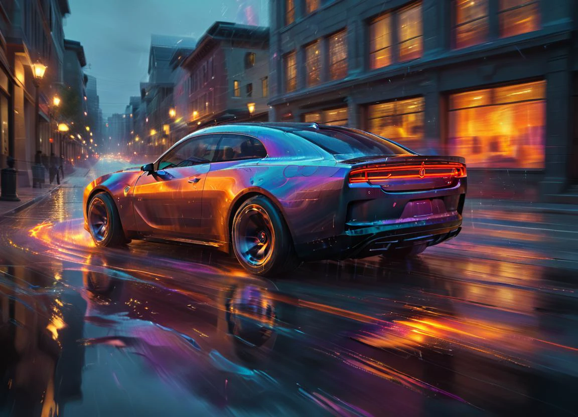 chargerconcept car driving down a roat at night in the city,highly detailed, cinematic, colorful, splashing, reflections, water, fire, energy, movement, in motion, fluid,
<lora:ArtfullyME_SDXL__v1:0.6> Artme <lora:Dont_Stop_Me_Now:0.5> <lora:ChargerConceptSDXL_v1:0.8>