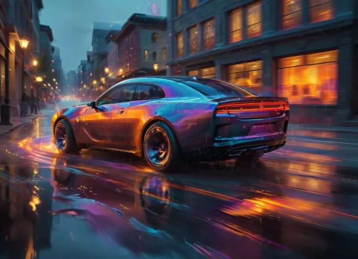 chargerconcept car driving down a roat at night in the city,highly detailed, cinematic, colorful, splashing, reflections, water, fire, energy, movement, in motion, fluid,
 <lora:ArtfullyME_SDXL__v1:0.6> Artme <lora:Dont_Stop_Me_Now:0.5> <lora:ChargerConceptSDXL_v1:0.8>