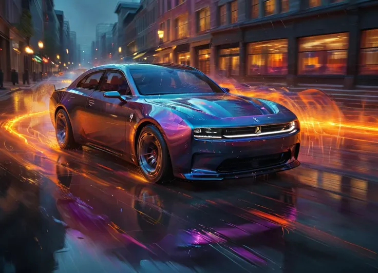 chargerconcept car driving down a roat at night in the city,highly detailed, cinematic, colorful, splashing, reflections, water, fire, energy, movement, in motion, fluid,
 <lora:ArtfullyME_SDXL__v1:0.6> Artme <lora:Dont_Stop_Me_Now:0.5> <lora:ChargerConceptSDXL_v1:0.8>